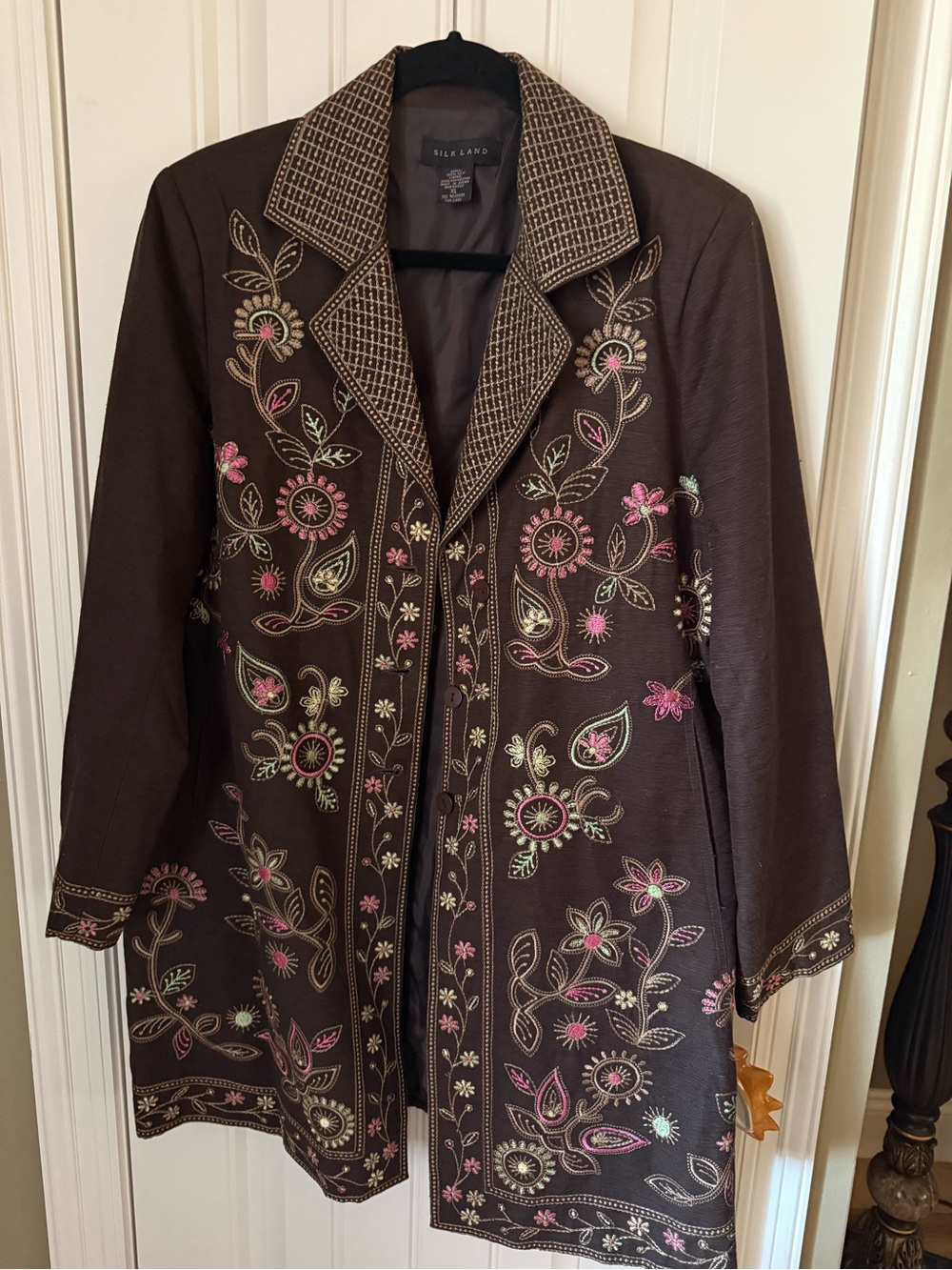 SilkLand Brown Embroidered Floral Trench Coat